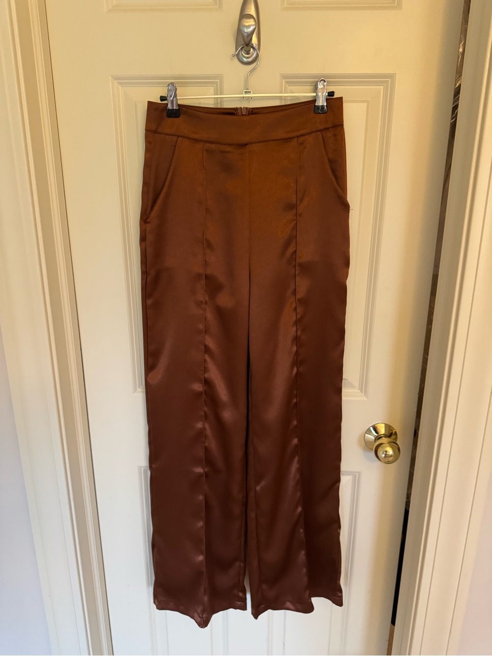 High-Rise Satin Wide-Leg Pants - Brown